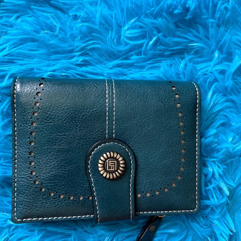 Blue Textured Wallet with Decorative Stitching